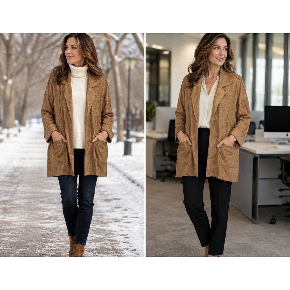 Women's Cato Cardigan Open Draped Waterfall Boho Lagenlook Size L Light Brown